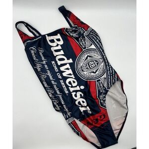 Vintage 90s Budweiser‎ One Piece Bathing Suit Blue Red 11/12